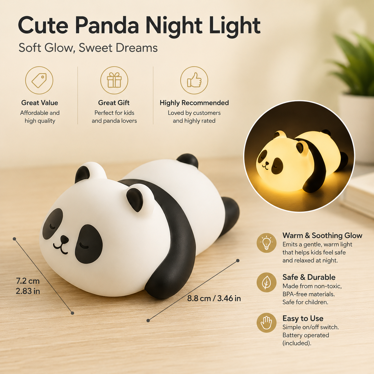 Panda Night Light Cute Patting Lamp Soft Glow Atmosphere Lamp Bedroom Decor Gift for Girls Baby Feeding